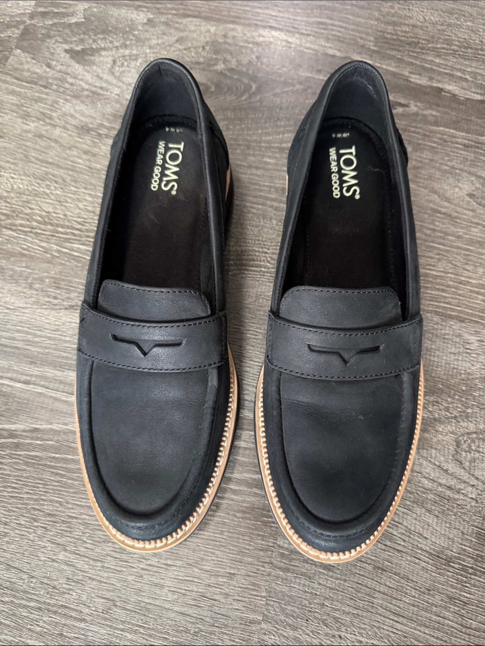 TOMS Cara Black Leather Penny Loafers with Tan Trim